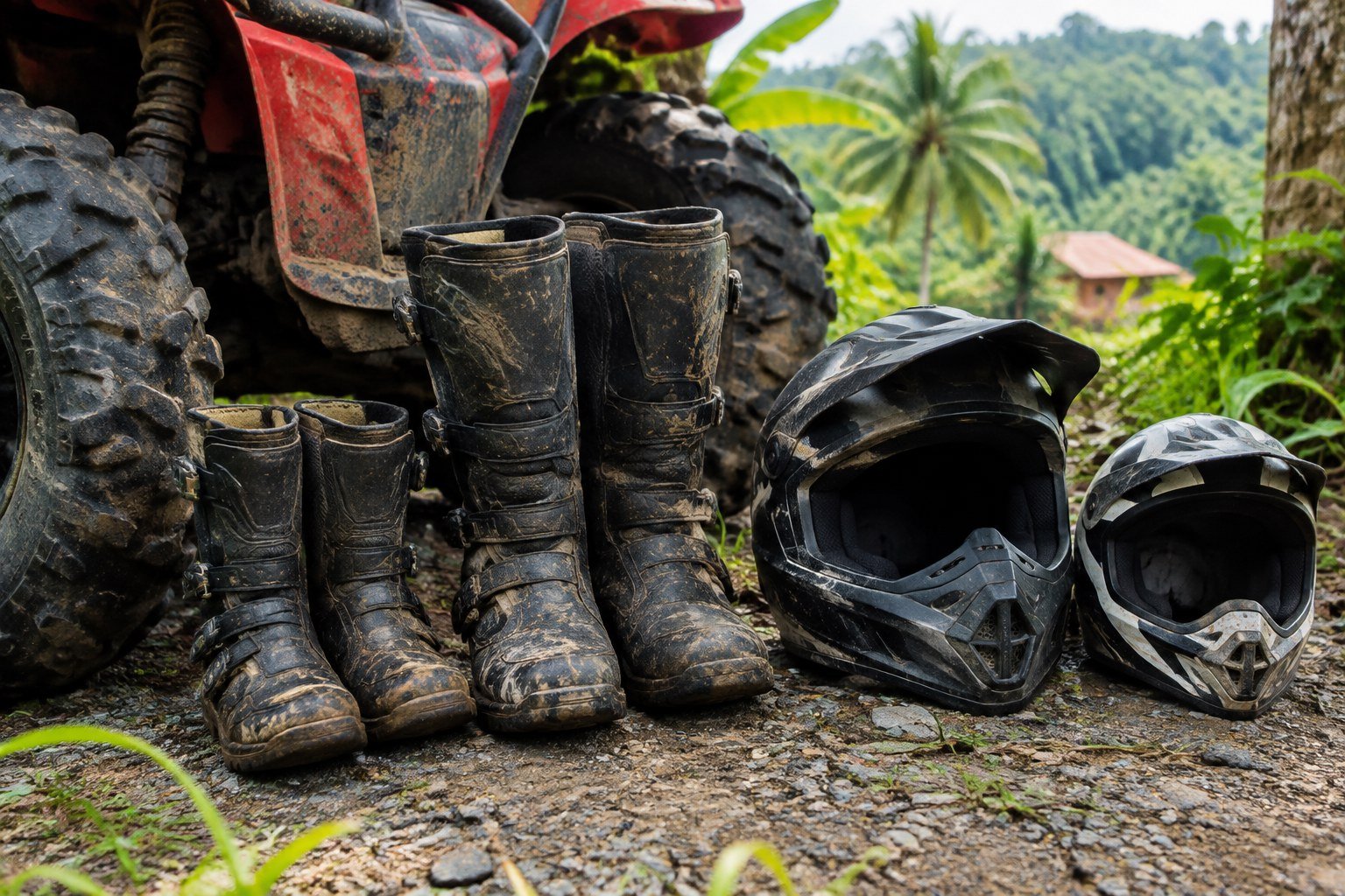 Adult and child ATV safety gear at a Bali adventure basecamp
