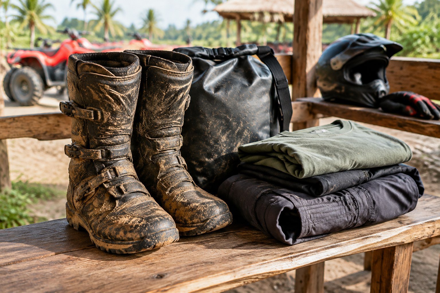 ATV shoes and spare clothes prepared for a Bali adventure ride