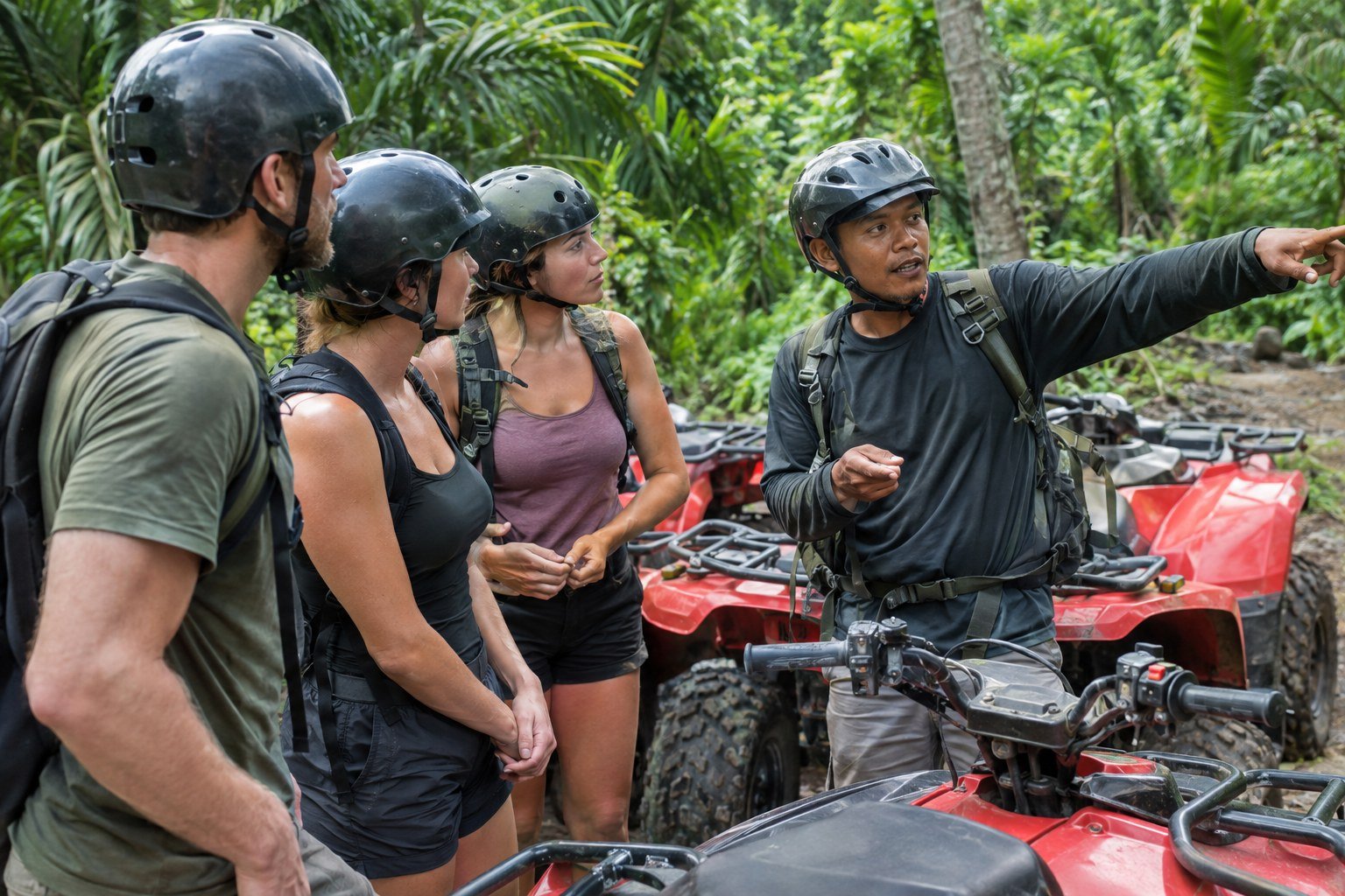 Bali ATV guide giving a pre-ride briefing to travelers