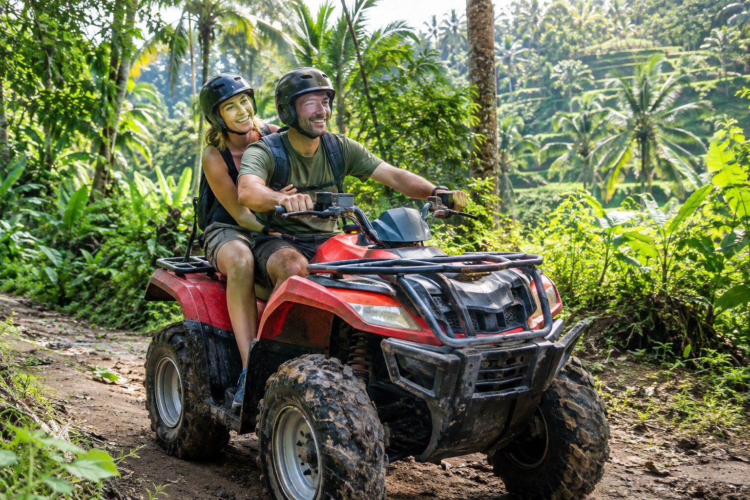 Couple enjoying a tandem ATV ride on a tropical trail in Bali