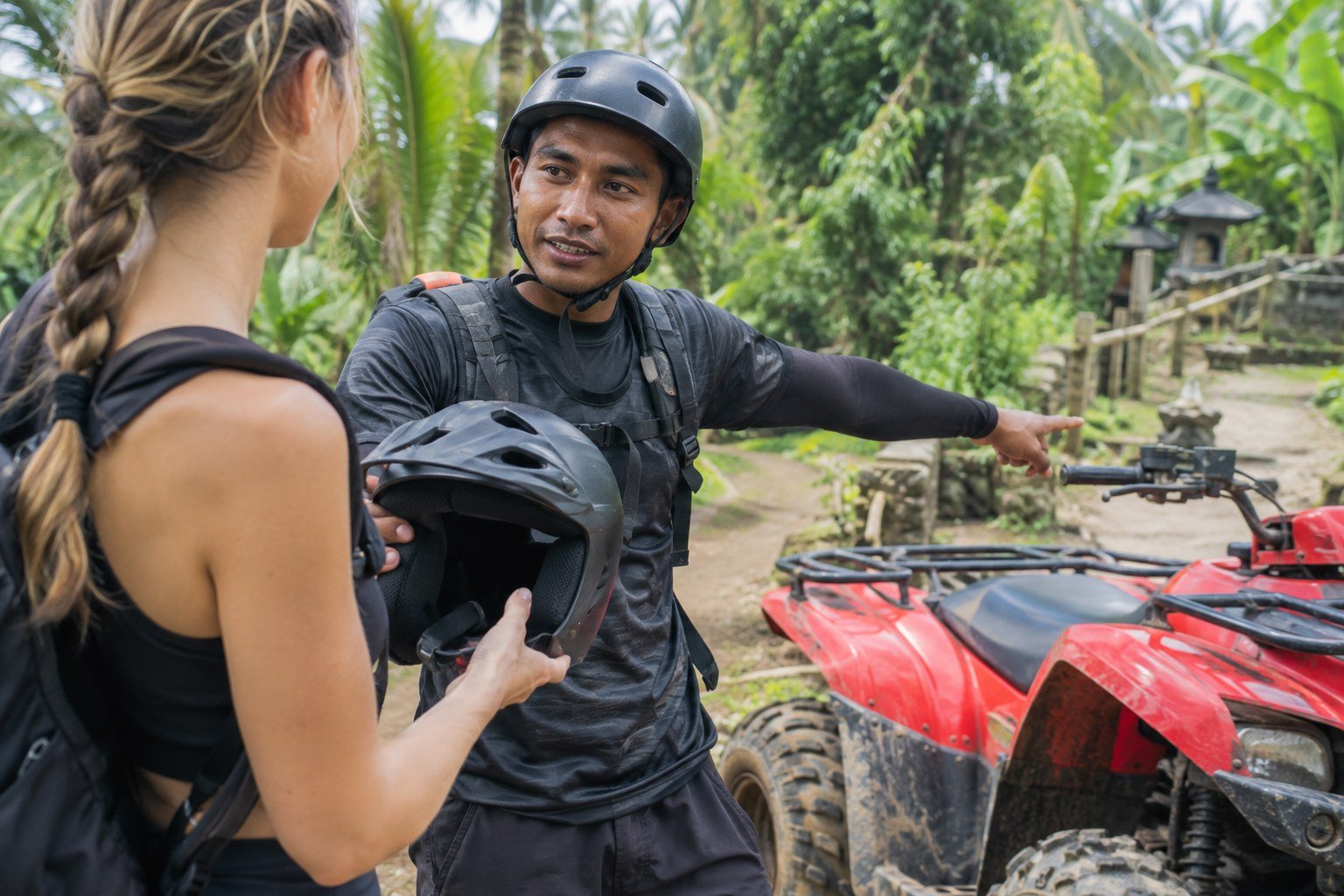 Guide preparing a traveler with ATV safety equipment in Bali