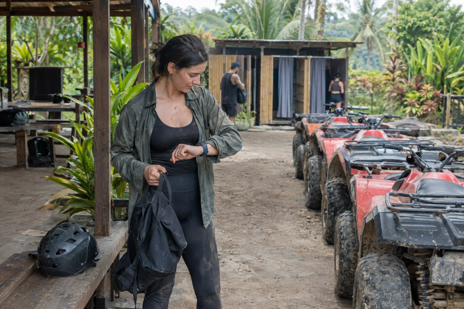 Traveler checking the time after an ATV ride at a Bali adventure base