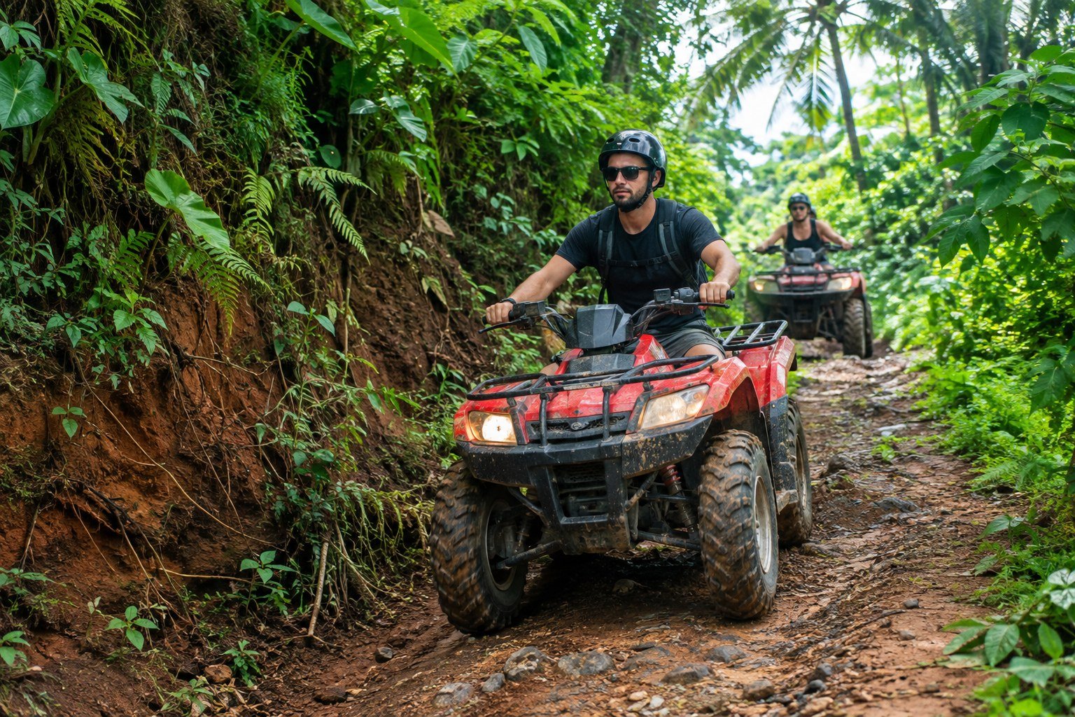 Traveler riding a quad bike on a tropical off-road trail at Alasan Adventure ATV Bali