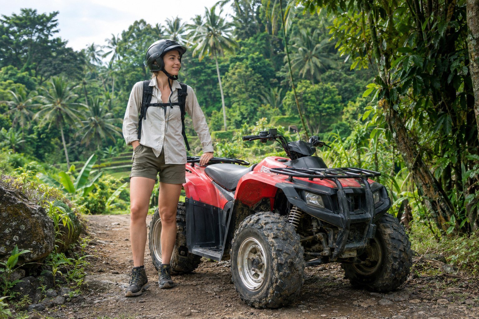 Traveler wearing practical clothing and protective gear for a Bali ATV ride