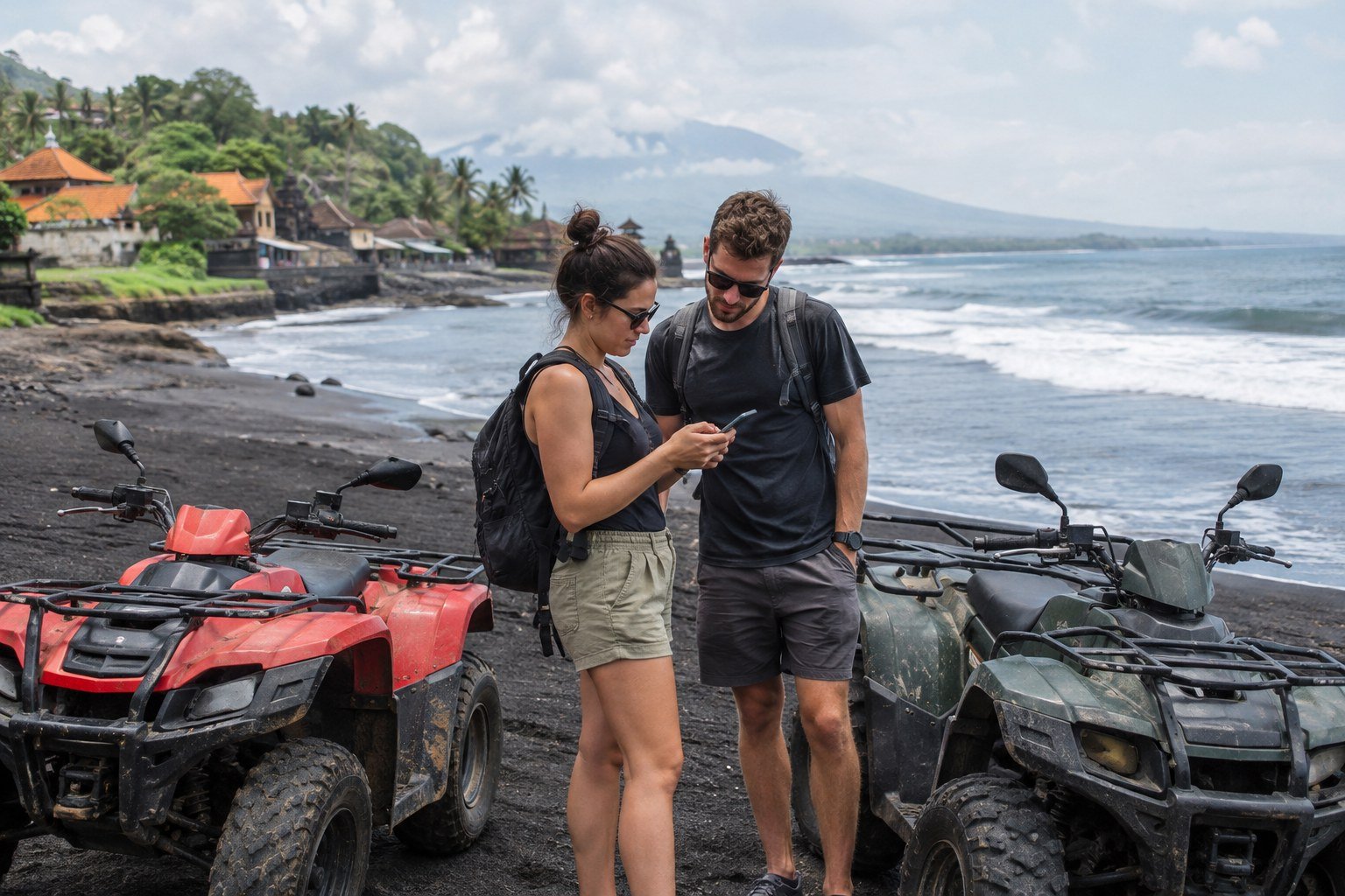 Travelers checking their meeting point beside quad bikes on a Bali black-sand beach