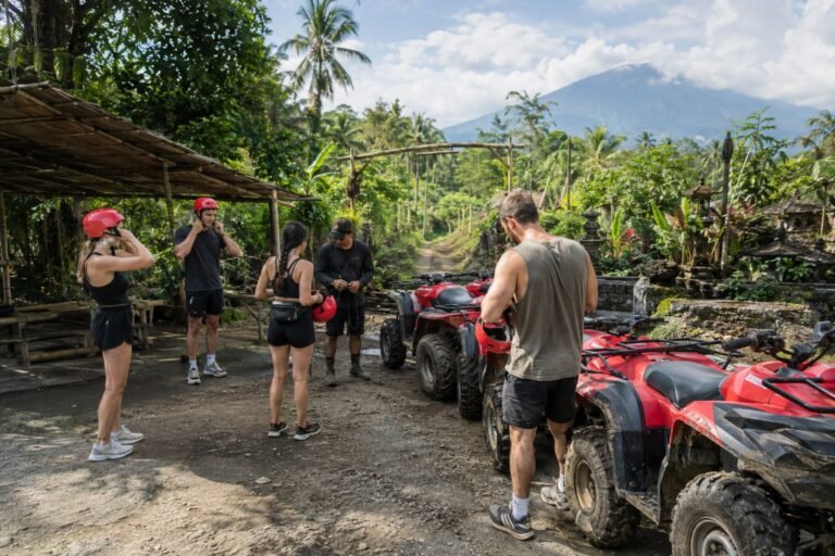 Travelers preparing for a Bali ATV tour at the starting base